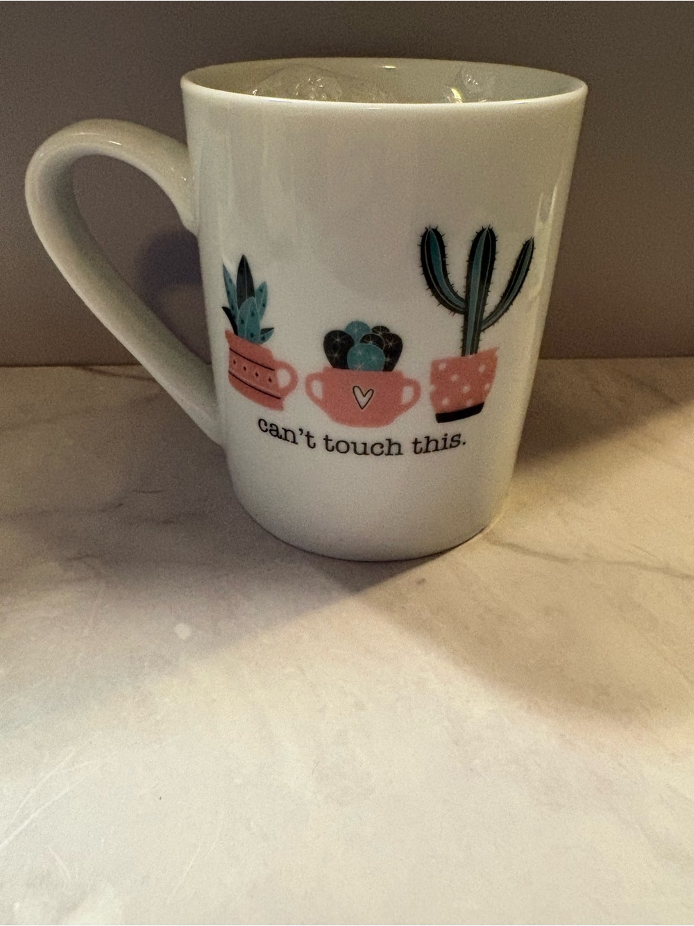 White Ceramic Mug with Cactus & Succulent Design - Can't Touch This